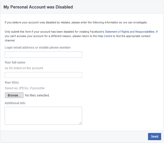disabled facebook account appeal form